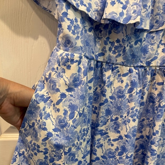 Altar’d State Slash Neck Floral Blue White Mini Dress Women Size Medium - Picture 4 of 10